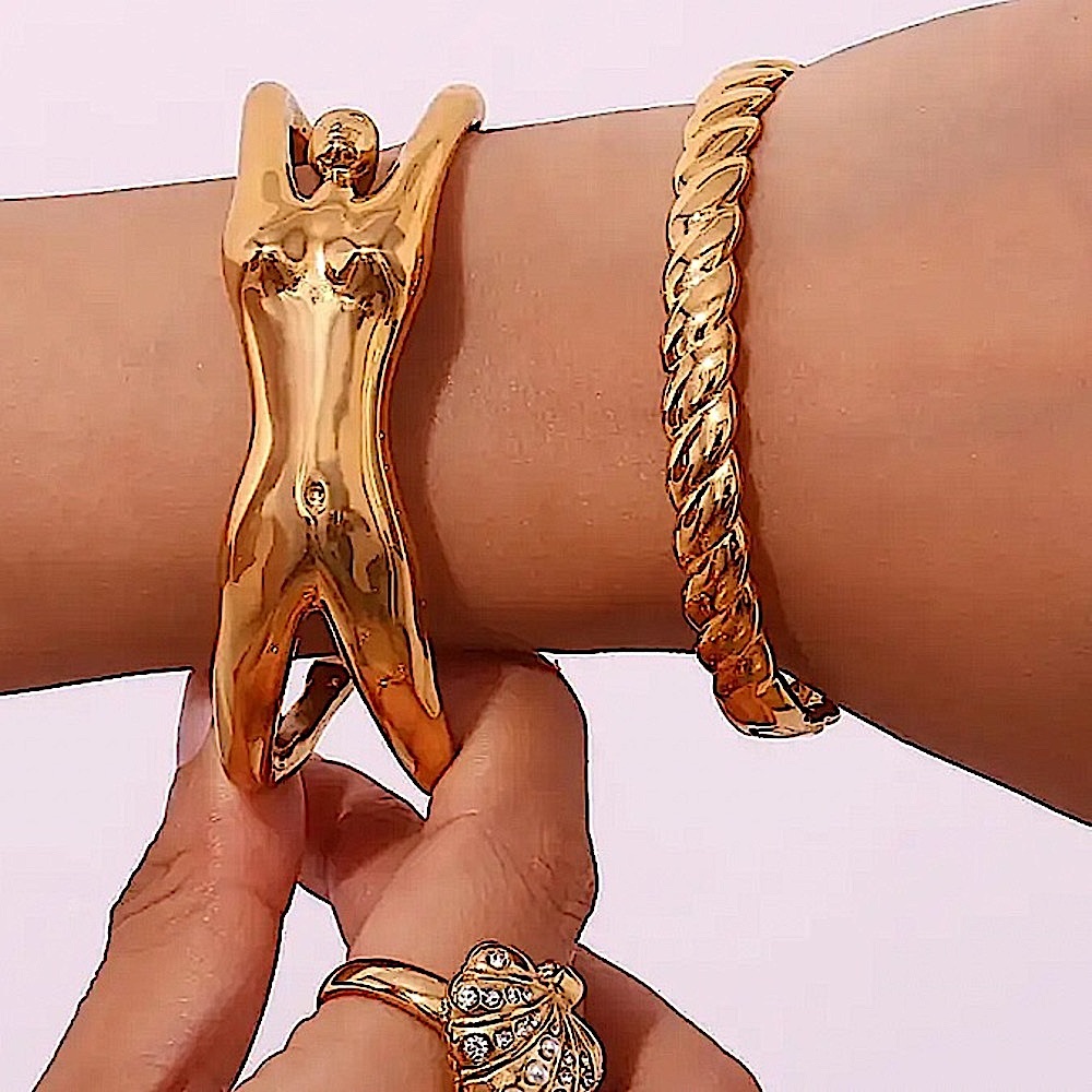 Stainless Steel Gold Body Figure Bangle Bracelet Statement Tarnish Free - Picture 4 of 14